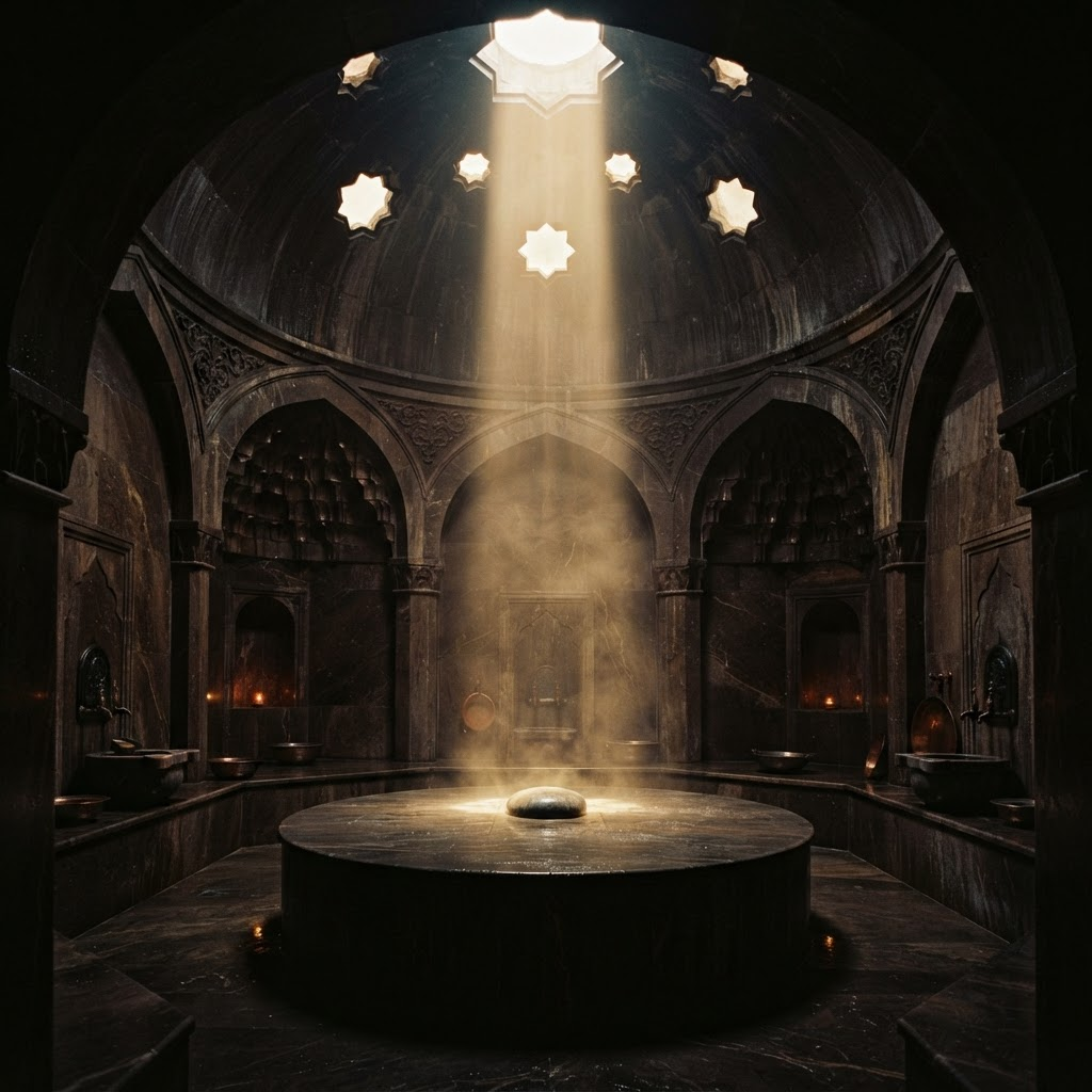 Steam and a soft shaft of light falling through a Turkish hamam dome